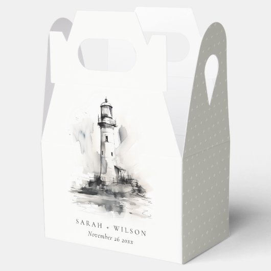 Zwart-wit vuurtoren nautische schets bruiloft bedankdoosjes (Geopend)