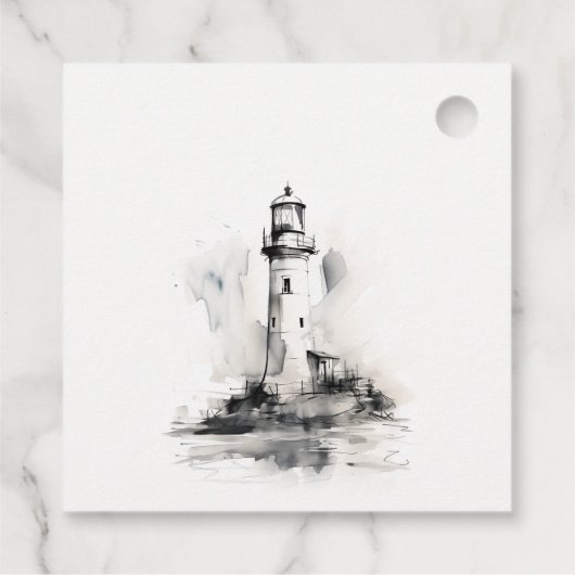 Zwart-wit vuurtoren nautische schets bruiloft bedankjes labels (Achterkant)