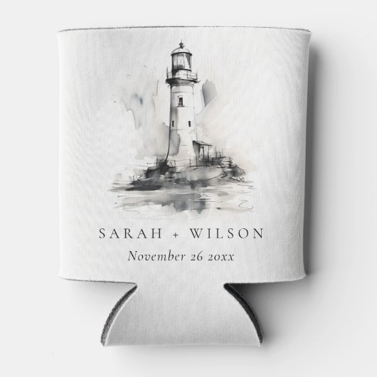 Zwart-wit vuurtoren nautische schets bruiloft blikjeskoeler (Voorkant)