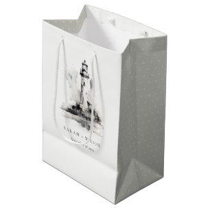Zwart-wit vuurtoren nautische schets bruiloft medium cadeauzakje