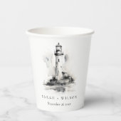 Zwart-wit vuurtoren nautische schets bruiloft papieren bekers (Voorkant)