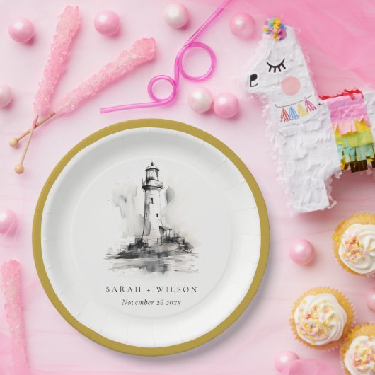 Zwart-wit vuurtoren nautische schets bruiloft papieren bordje (Feest)