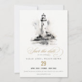 Zwart-wit vuurtoren nautische schets bruiloft save the date (Voorkant)