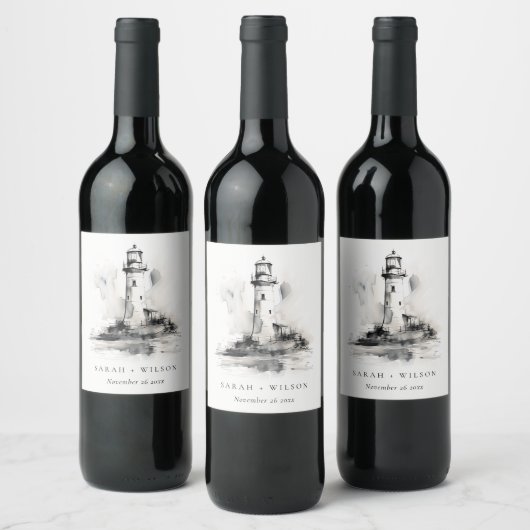 Zwart-wit vuurtoren nautische schets bruiloft wijn etiket (Flessen)