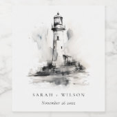 Zwart-wit vuurtoren nautische schets bruiloft wijn etiket (Enkel label)