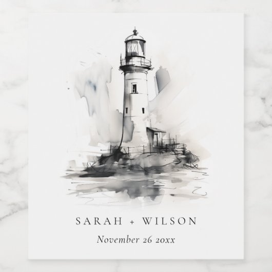 Zwart-wit vuurtoren nautische schets bruiloft wijn etiket (Enkel label)