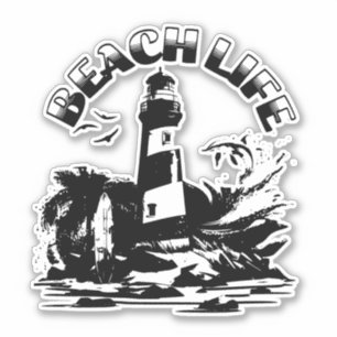 Zwart-wit vuurtoren strandleven sticker