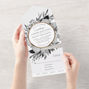 Zwart-wit waterverf bloemen bruiloft all in one uitnodiging