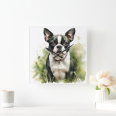 ZWART-WIT WATERVERF BOSTON TERRIER DOG VIERKANTE KLOK (Huis)