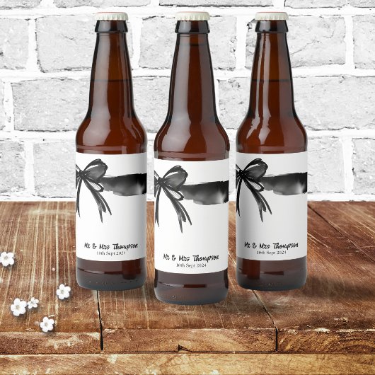 Zwart-wit Waterverf Bow Bruiloft Man Favor Bier Etiket