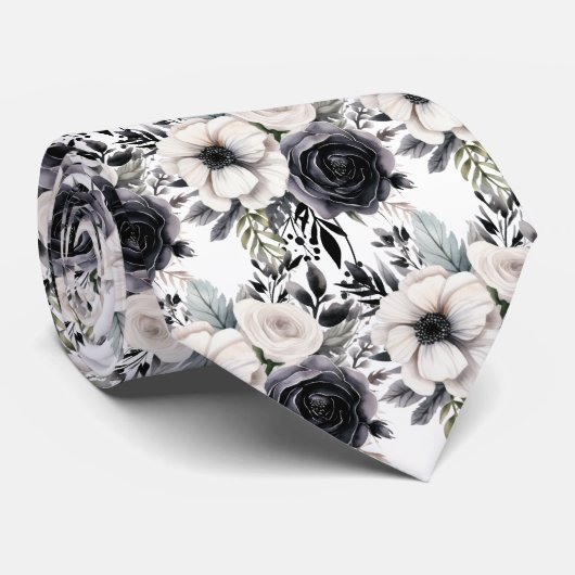 Zwart-wit Waterverf Floral Formele Stropdas (Opgerold)