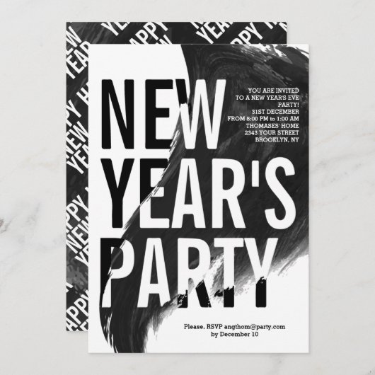 Zwart, wit waterverf Oudejaarsavond feest Kaart (Voorkant / Achterkant)