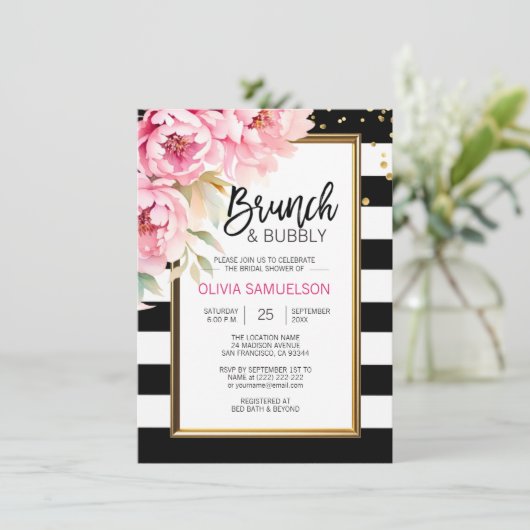 Zwart Wit Waterverf Roze Bloemen Brunch & Bubbly Kaart (Staand voorkant)