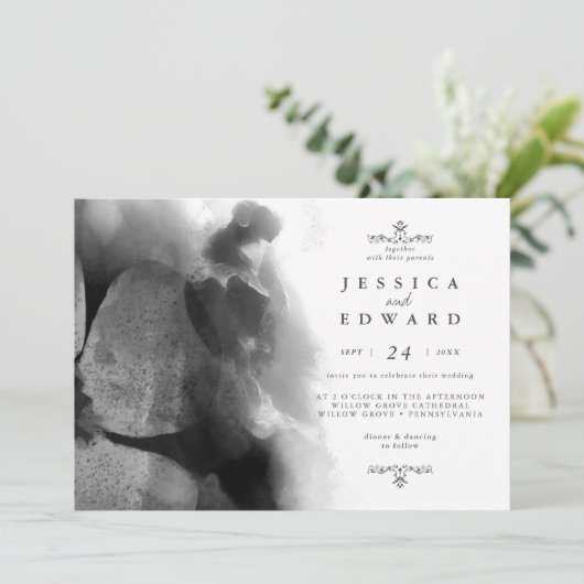 Zwart-wit waterverf vogel bloem bruiloft kaart (Staand voorkant)