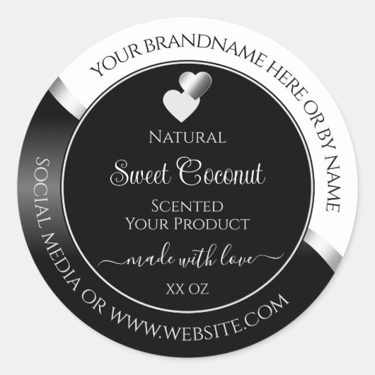 Zwart-wit Wavy Silver Hearts Product Labels (Voorkant)