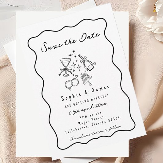Zwart-wit Whimsical Doodle Trendy Wedding Kaart