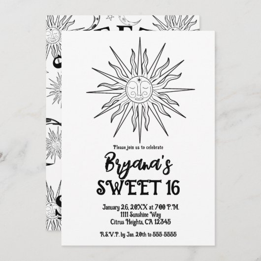 Zwart & Wit Whimsical Zon Celestial Sweet 16 Kaart (Voorkant / Achterkant)