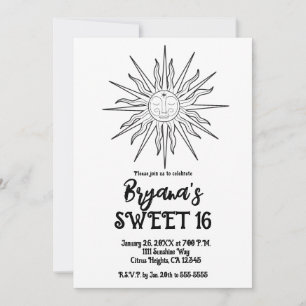 Zwart & Wit Whimsical Zon Celestial Sweet 16 Kaart