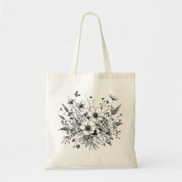 Zwart-wit Wildbloemen Tote Bag