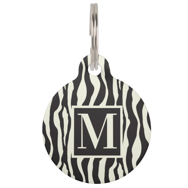 Zwart-wit Wilde Exotische Zebra Afdrukmonogram Huisdierpenning (Voorkant)