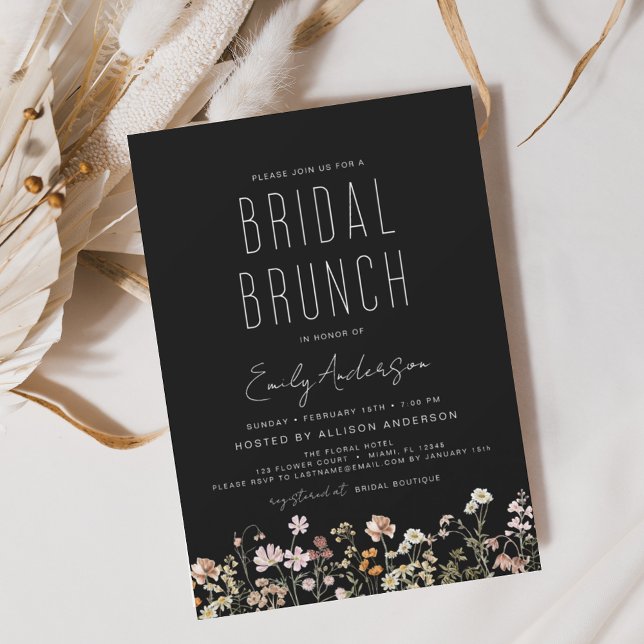 Zwart Wit Wildflower Bridal Brunch Uitnodiging (Creator heeft geüpload)