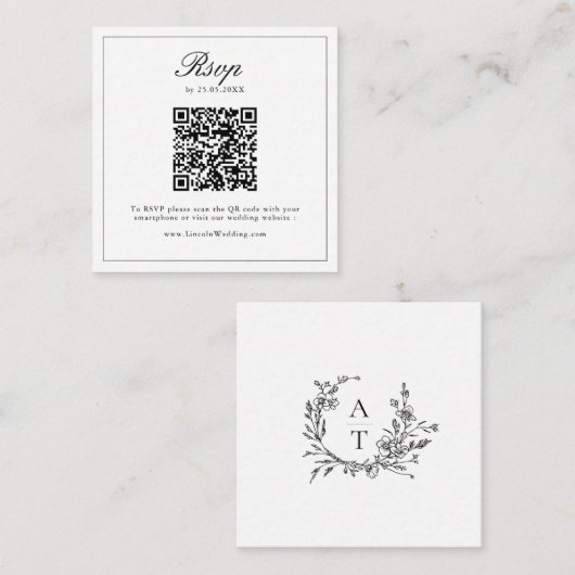 Zwart Wit Wildflower Crest Wedding QR Code RSVP Informatiekaartje (Voorkant / Achterkant)