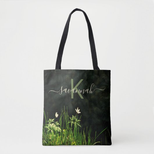 Zwart wit wildflower monogram naam script draagtas (Voorkant)
