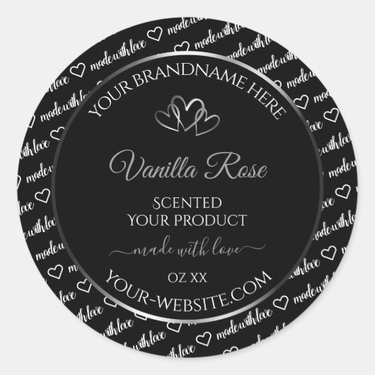 Zwart wit Word Cloud Product Label Silver Heart (Voorkant)