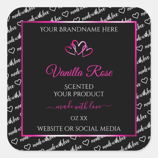 Zwart wit Word Cloud Product Labels roze harten (Voorkant)