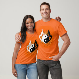 Zwart-wit Yin Yang Dragons - Sinaasappel T-shirt
