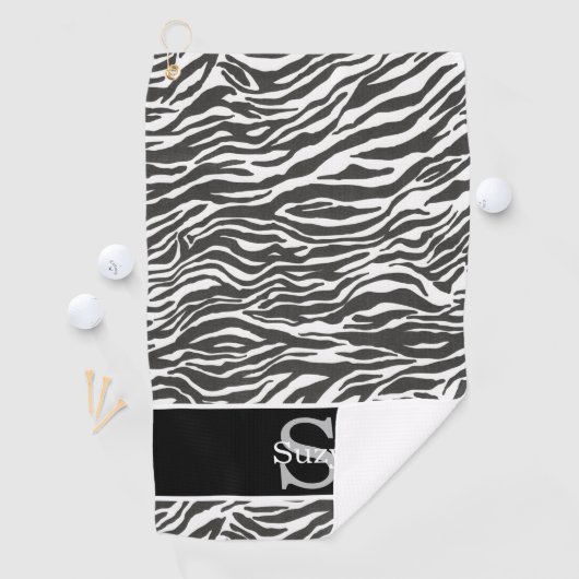 Zwart Wit Zebra Animal Pattern Initiaal Monogram Golfhanddoek (Insitu)