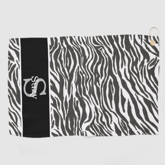 Zwart Wit Zebra Animal Pattern Initiaal Monogram Golfhanddoek (Horizontaal)