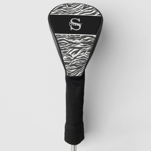 Zwart Wit Zebra Animal Pattern Initiaal Monogram Golfheadcover (Voorkant)