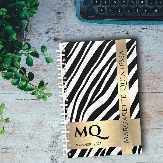 Zwart Wit Zebra Skin Gold Monogram Initialen Naam Planner