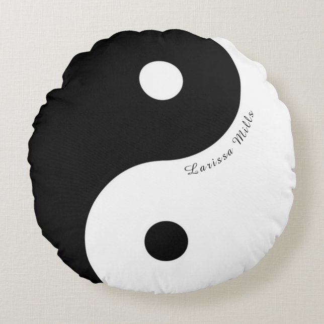 zwart/wit zen Yin-Yang symbool met naam Rond Kussen (Voorkant)