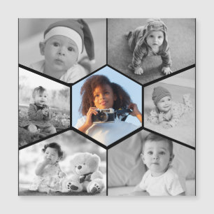 Zwart-wit zeshoekig fotocollage magnetische uitnodiging