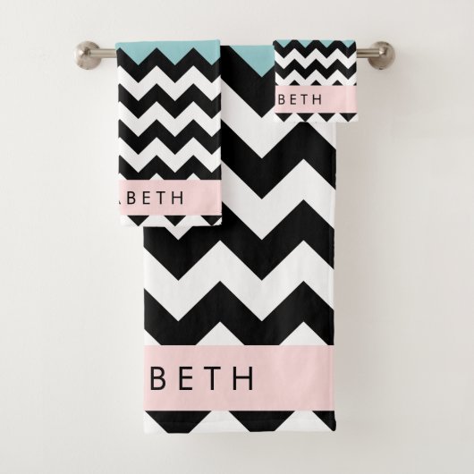Zwart-wit Zigzag, Chevron, Blauw, Jouw naam Bad Handdoek (Insitu)