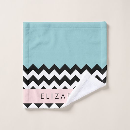 Zwart-wit Zigzag, Chevron, Blauw, Jouw naam Bad Handdoek (Wasdoekje)
