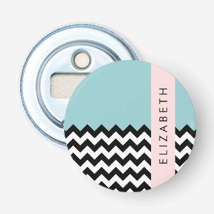 Zwart-wit Zigzag, Chevron, Blauw, Jouw naam Button Flesopener