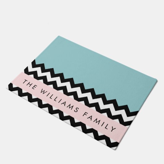 Zwart-wit Zigzag, Chevron, Blauw, Jouw naam Deurmat (Schuin)