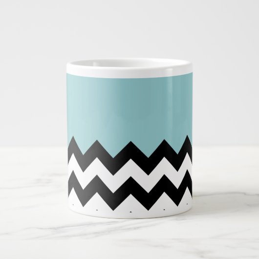 Zwart-wit Zigzag, Chevron, Blauw, Jouw naam Extra Grote Beker (Voorkant)