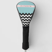 Zwart-wit Zigzag, Chevron, Blauw, Jouw naam Golfheadcover (Voorkant)