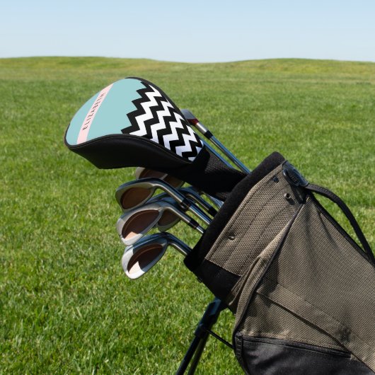 Zwart-wit Zigzag, Chevron, Blauw, Jouw naam Golfheadcover (Insitu)