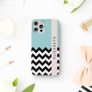 Zwart-wit zigzag, chevron, blauw, jouw naam iPhone 16 hoesje