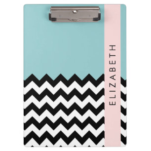 Zwart-wit Zigzag, Chevron, Blauw, Jouw naam Klembord
