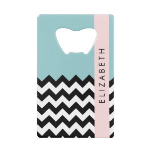 Zwart-wit Zigzag, Chevron, Blauw, Jouw naam Kredietkaart Flessenopener