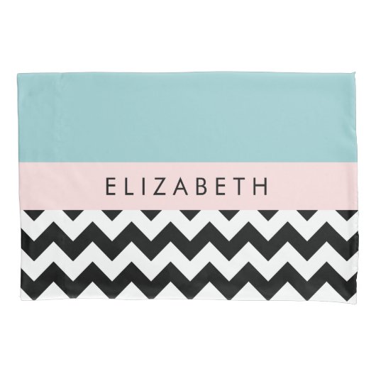 Zwart-wit Zigzag, Chevron, Blauw, Jouw naam Kussensloop (Voorkant)