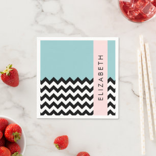 Zwart-wit Zigzag, Chevron, Blauw, Jouw naam Servet