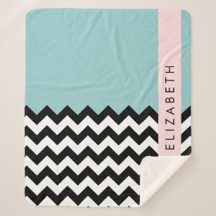 Zwart-wit Zigzag, Chevron, Blauw, Jouw naam Sherpa Deken