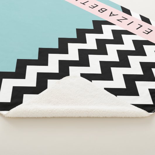 Zwart-wit Zigzag, Chevron, Blauw, Jouw naam Sherpa Deken (3/4)